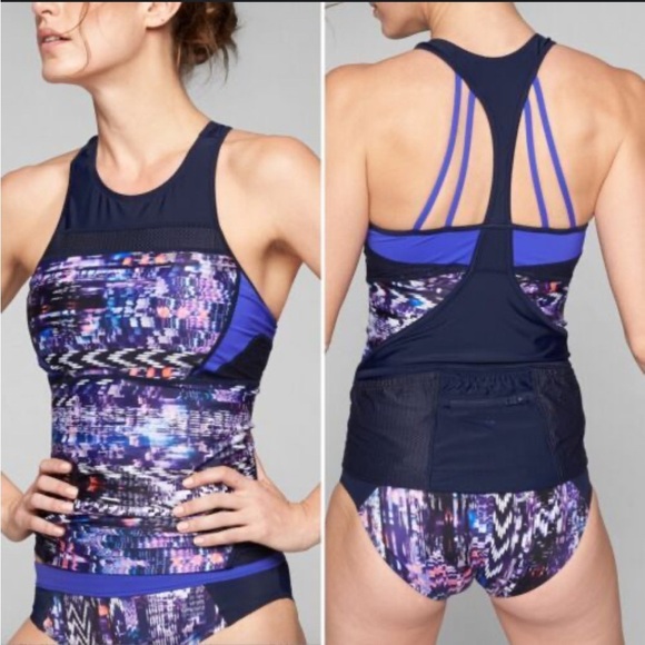 ATHLETA Colorblock Tri-Essentials Tankini Swim Running Top navy Blue Size Large - Picture 1 of 13